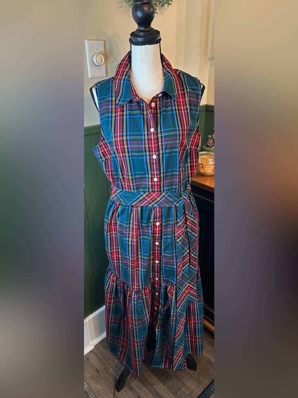J. Crew Tartan Plaid Midi Shirt Dress Womens 14 Red Green Sleeveless Button Down
